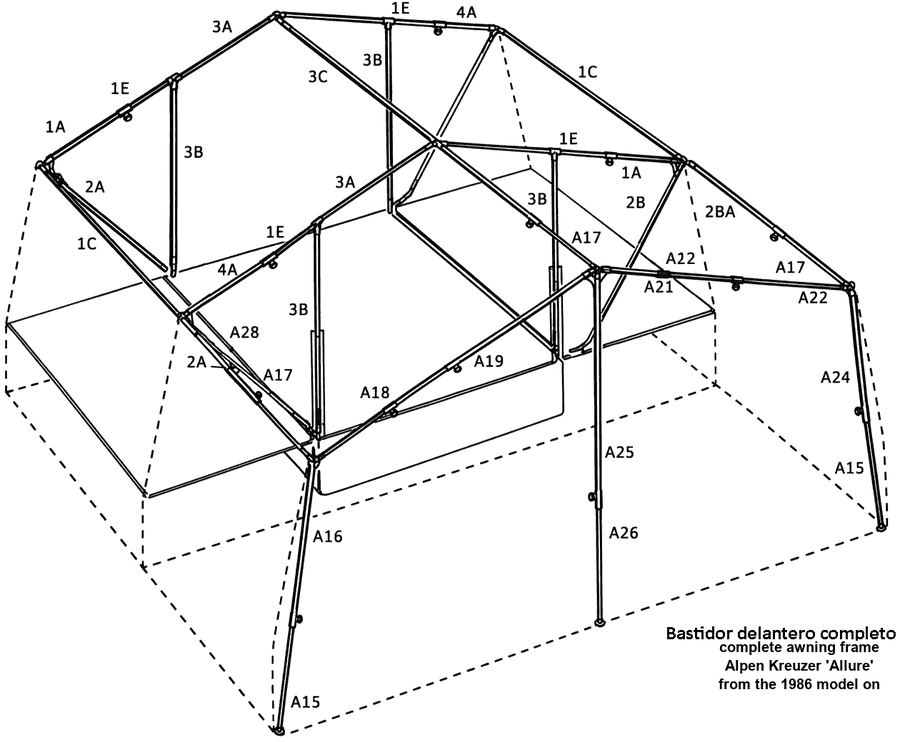 Exploded view of the complete Alpen Kreuzer ALLURE awning frame, 1986 models onward