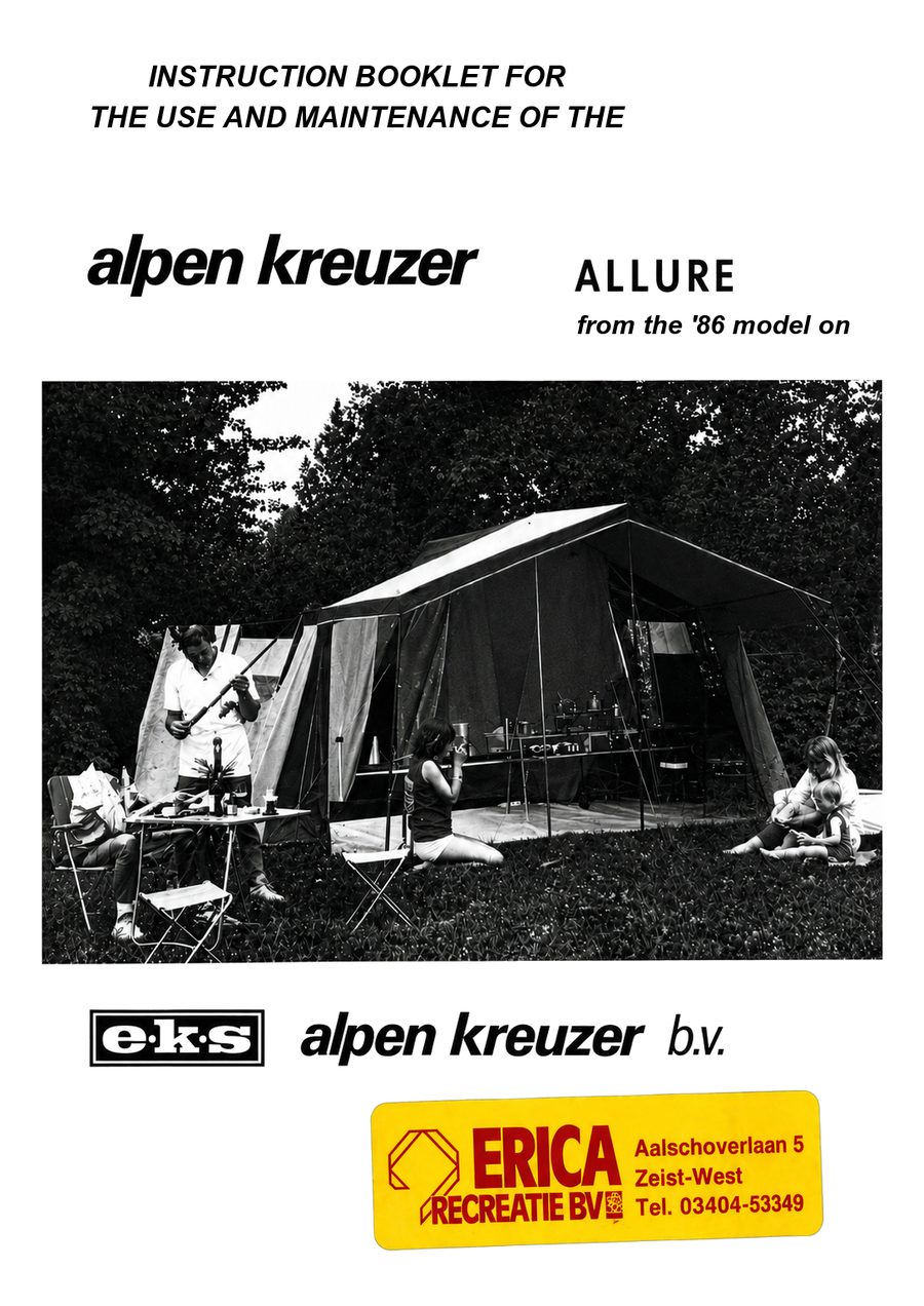 Cover of the Alpen Kreuzer ALLURE instruction booklet: folding caravan pitched with awning and sun canopy on a campsite